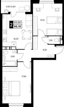 Планировка 2-комн 66,1 м²