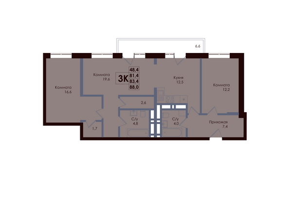 Планировка 3-комн 83,4 м²