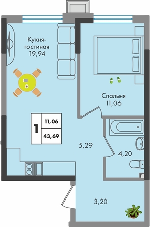 Планировка 1-комн 43,69 м²