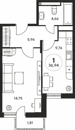 Планировка 1-комн 36,8 м²