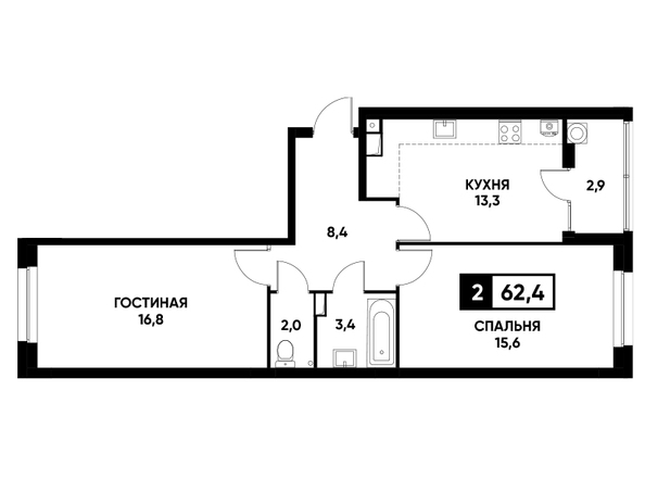 Планировка 2-комн 62,4 м²