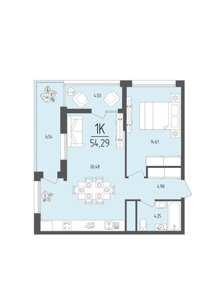 Планировка 1-комн 54,29 м²
