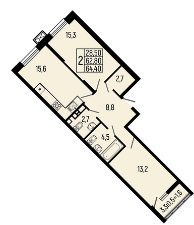 Планировка 2-комн 64,4, 64,9 м²
