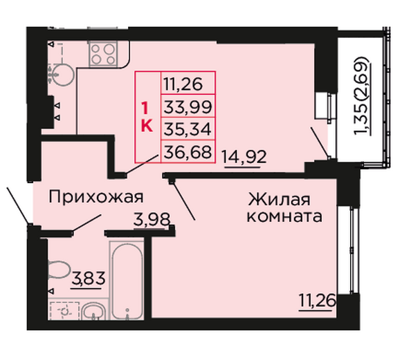 Планировка 1-комн 35,34 м²