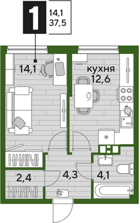 Планировка 1-комн 37,5 м²