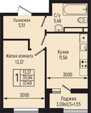 Планировка 1-комн 37,49 м²