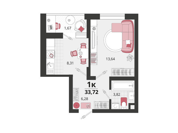 Планировка 1-комн 33,72 м²