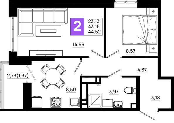 Планировка 2-комн 44,52 м²