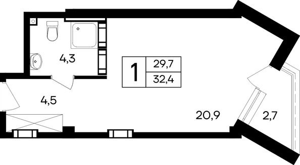 Планировка Апартамент 31,6 - 33,7 м²