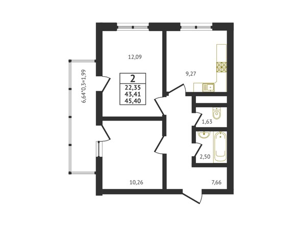 Планировка 2-комн 45,4 м²