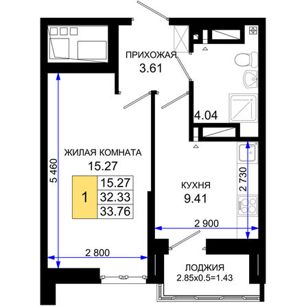 Планировка 1-комн 33,76 м²