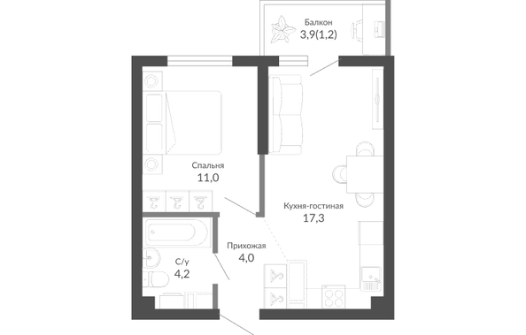 Планировка 1-комн 37,7 м²