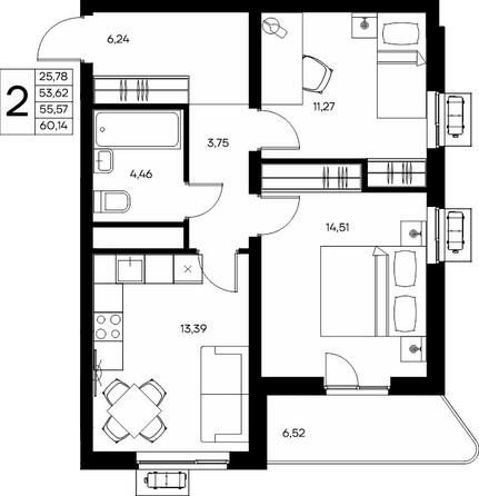 Планировка 1-комн 29,25, 29,26 м²