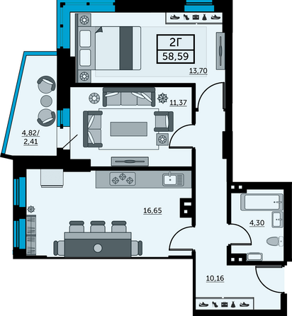 Планировка 2-комн 58,03 - 58,17 м²