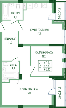 Планировка 2-комн 65,4 м²