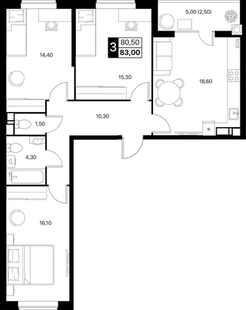 Планировка 3-комн 83, 83,3 м²