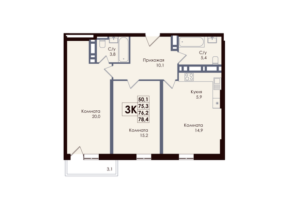 Планировка 3-комн 76,2 м²