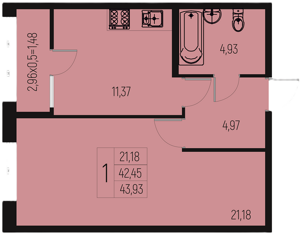 Планировка 1-комн 43,93 м²