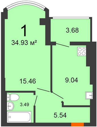 Планировка 1-комн 34,93 м²