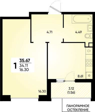 Планировка 1-комн 35,67 м²