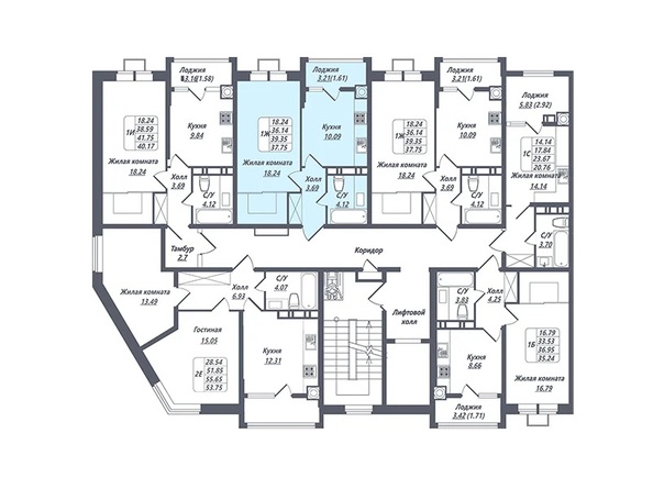 Планировка типового этажа. Корпус 17. Подъезд 1