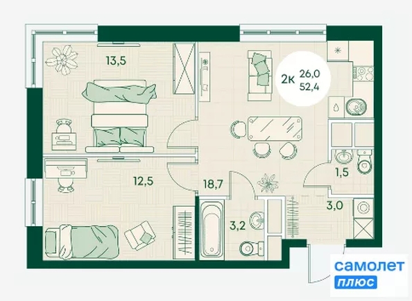 
  Продается 2-комн. квартира 52.4 м², в ЖК Green Apple (Грин эпл), блок 1. Фото 8.