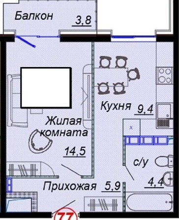 
   Продам 2-комнатную, 38 м², Российская ул, уч12

. Фото 2.