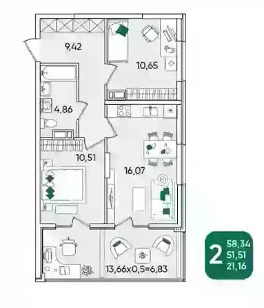 
   Продам 2-комнатную, 58.34 м², Любимово мкр, 2

. Фото 10.