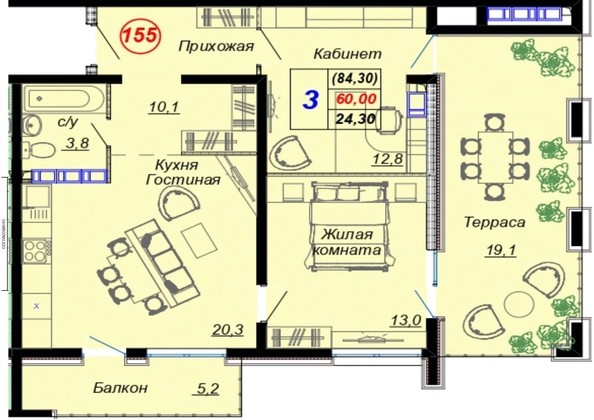 
   Продам 2-комнатную, 84.3 м², Российская ул, уч12

. Фото 16.