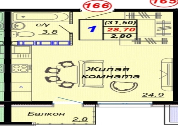 
   Продам 1-комнатную, 31.5 м², Российская ул, уч12

. Фото 14.