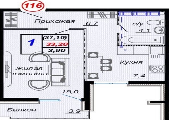 
   Продам 1-комнатную, 37.1 м², Российская ул, уч12

. Фото 11.