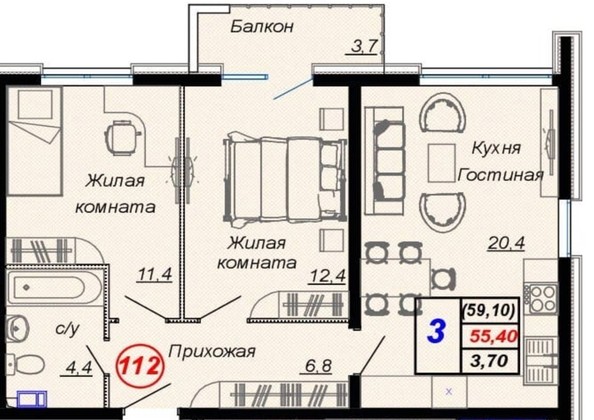 
   Продам 1-комнатную, 59.1 м², Российская ул, уч12

. Фото 8.