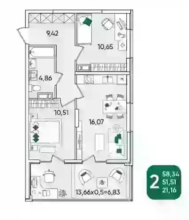 
   Продам 2-комнатную, 57.2 м², Любимово мкр, 2

. Фото 10.