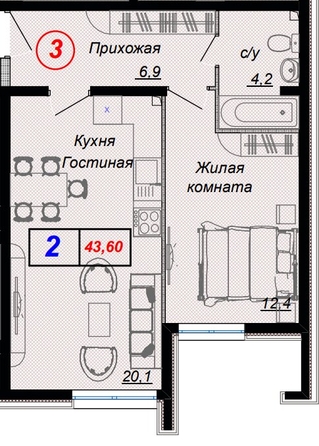 
   Продам 1-комнатную, 43.6 м², Российская ул, уч12

. Фото 10.