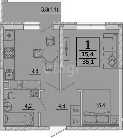 
   Продам 1-комнатную, 35.1 м², Героя Георгия Бочарникова ул, 2

. Фото 1.