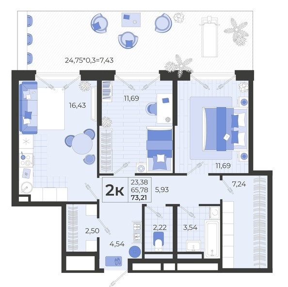 
   Продам 2-комнатную, 73.04 м², Высочество, литера 1

. Фото 4.