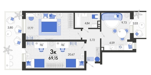 
   Продам 3-комнатную, 69.15 м², Белые росы, литера 9

. Фото 4.