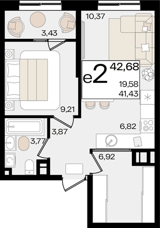
   Продам 2-комнатную, 42.68 м², Патрики, литер 1.1

. Фото 2.
