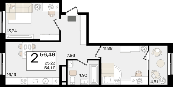 
   Продам 2-комнатную, 56.49 м², Патрики, литер 1.1

. Фото 2.