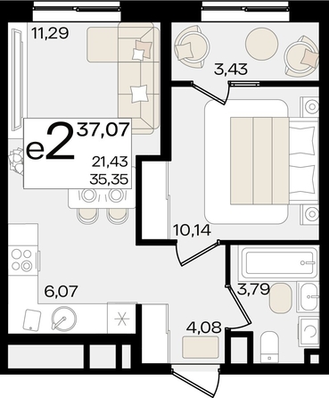 
   Продам 2-комнатную, 37.07 м², Патрики, литер 1.1

. Фото 2.