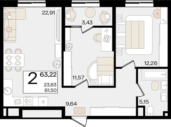 
   Продам 2-комнатную, 63.22 м², Патрики, литер 1.1

. Фото 2.