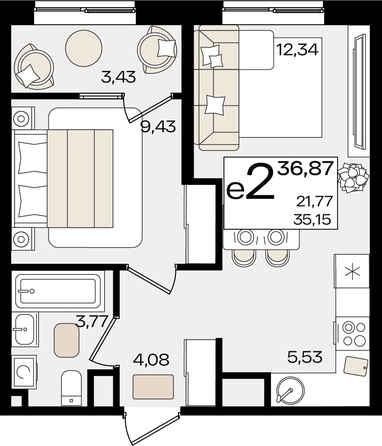 
   Продам 2-комнатную, 36.87 м², Патрики, литер 1.5

. Фото 2.