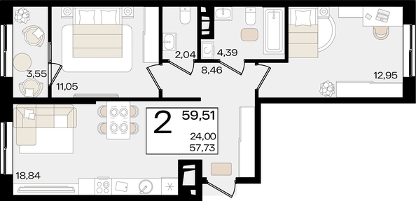 
   Продам 2-комнатную, 59.51 м², Патрики, литер 1.3

. Фото 2.