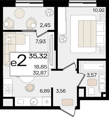 
   Продам 2-комнатную, 35.32 м², Патрики, литер 1.4

. Фото 2.