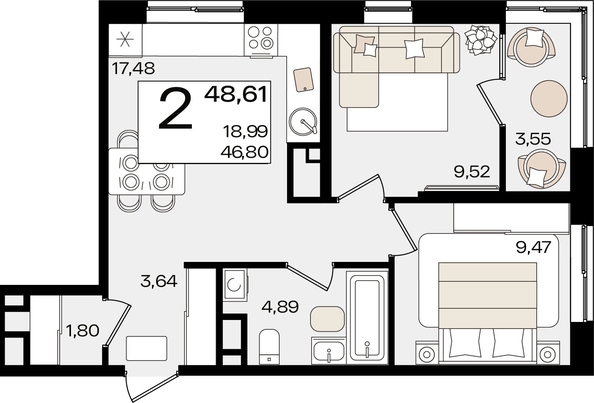 
   Продам 2-комнатную, 48.61 м², Патрики, литер 1.4

. Фото 2.