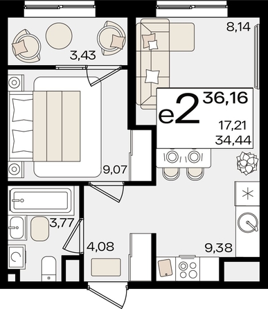 
   Продам 2-комнатную, 36.16 м², Патрики, литер 1.4

. Фото 2.