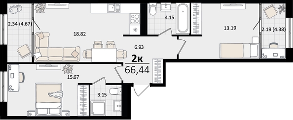 
   Продам 2-комнатную, 66.44 м², Патрики, литер 4.1

. Фото 4.