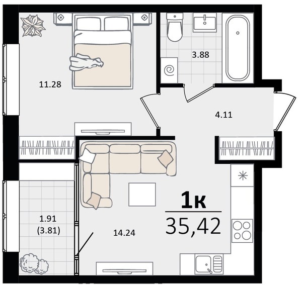 
   Продам 1-комнатную, 35.42 м², Патрики, литер 2

. Фото 4.