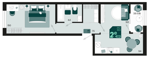 
   Продам 2-комнатную, 47.3 м², Первое место, квартал 1.1, литер 2

. Фото 1.