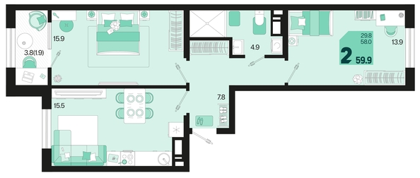 
   Продам 2-комнатную, 59.9 м², Первое место, квартал 1.1, литер 2

. Фото 1.